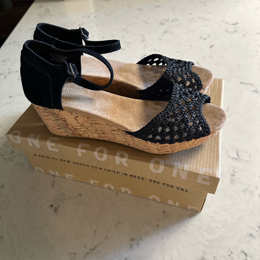 Toms Black Woven Cork Wedge Sandals